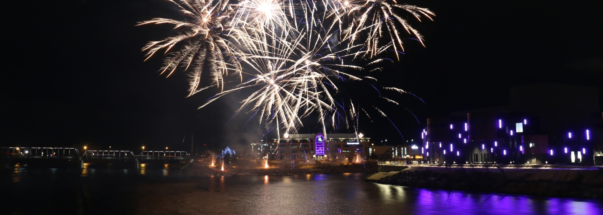 Fire works over Eau Claire, Wisconsin skyline at night